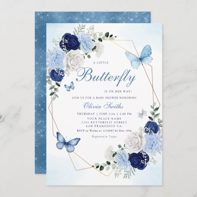 Invitation Cute Aquarelle Floral Butterfly Girl Baby shower (Devant / Derrière)