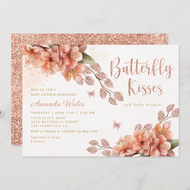 Invitation Cute Aquarelle Floral Butterfly Girl Baby shower (Devant / Derrière)