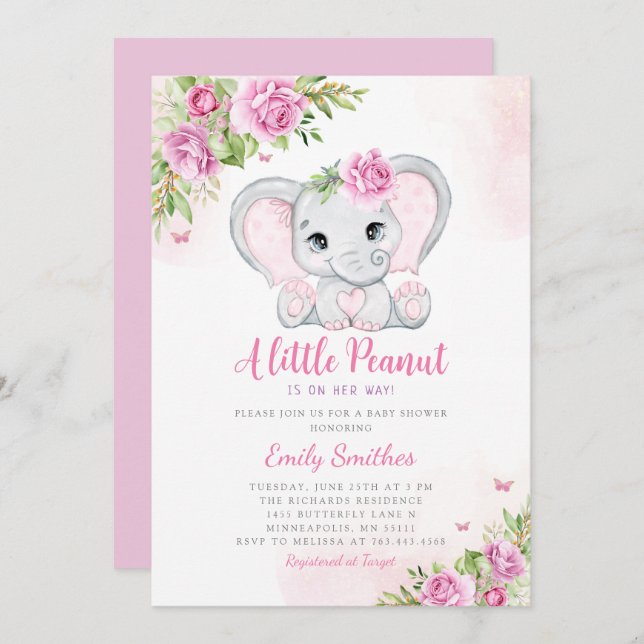 Invitation Cute Aquarelle Floral Elephant Baby shower fille (Devant / Derrière)