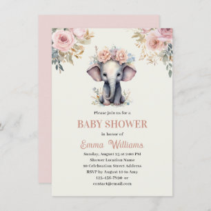 Invitation Cute Aquarelle Floral Elephant Baby shower fille