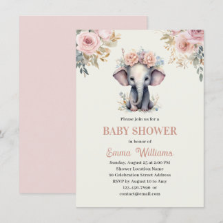 Invitation Cute Aquarelle Floral Elephant Baby shower fille
