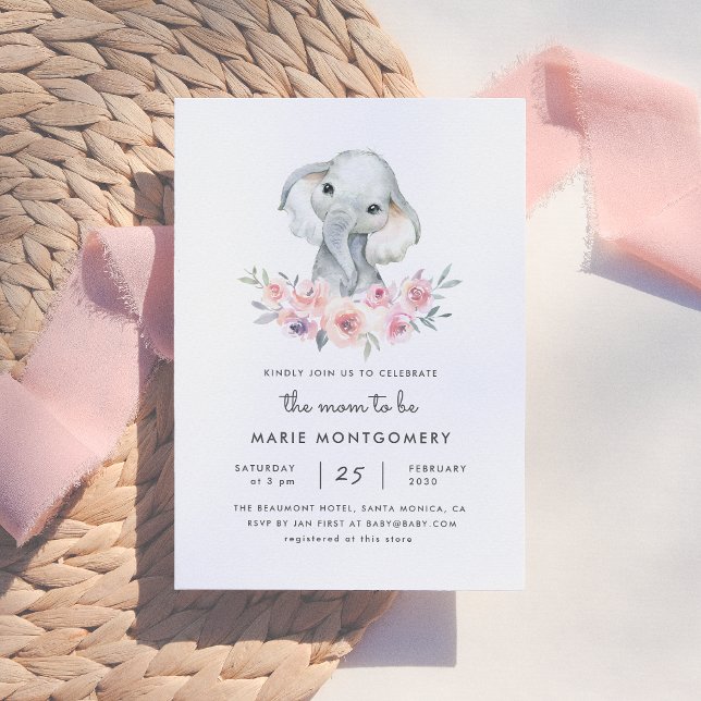 Invitation Cute Aquarelle Floral Elephant Baby shower fille (Créateur téléchargé)
