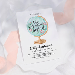 Invitation Cute Aquarelle Floral Globe Baby shower bébé fille