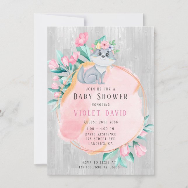 Invitation Cute Aquarelle Fox avec Florals Girl Baby shower (Devant)