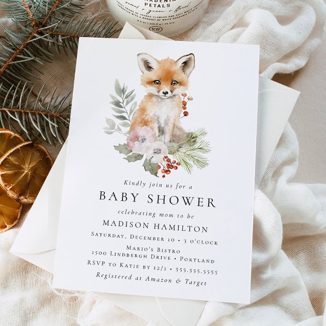 Invitation Cute aquarelle Fox Baby shower d'hiver (Créateur téléchargé)
