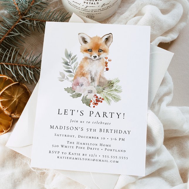 Invitation Cute aquarelle Fox hiver fête d'anniversaire (Créateur téléchargé)