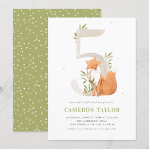 Invitation Cute aquarelle Fox Woodland Cinquième fête d'anniv