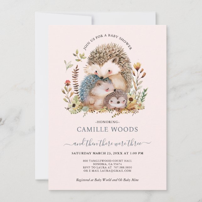 Invitation Cute Aquarelle Hérisson Famille Baby shower rose (Devant)