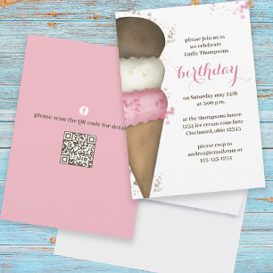 Invitation Cute aquarelle Ice Cream Cone Anniversaire QR Code