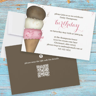 Invitation Cute aquarelle Ice Cream Cone Anniversaire QR Code