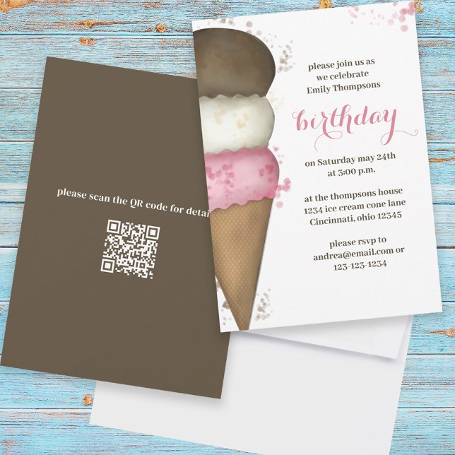 Invitation Cute aquarelle Ice Cream Cone Anniversaire QR Code (Créateur téléchargé)