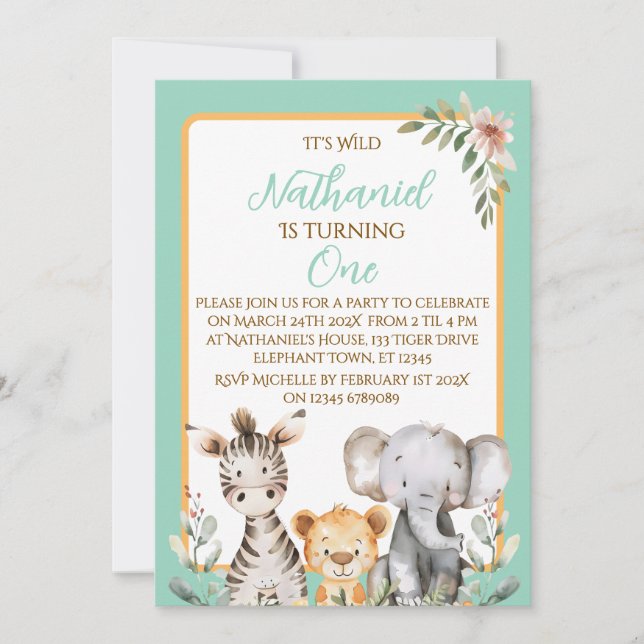 Invitation Cute Aquarelle Jungle 1ère fête d'anniversaire (Devant)
