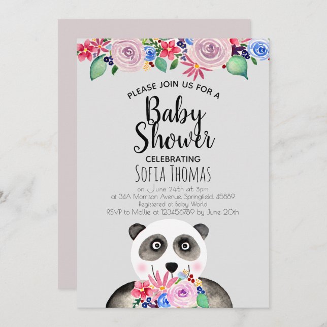 Invitation Cute Aquarelle Panda Ours et Baby shower Fleurs (Devant / Derrière)