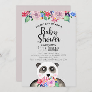 Invitation Cute Aquarelle Panda Ours et Baby shower Fleurs