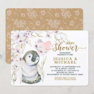 Invitation Cute Aquarelle Penguin Baby shower neutre genre