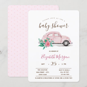 Invitation Cute aquarelle rose voiture Pois Baby shower