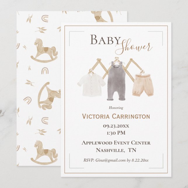 Invitation Cute Aquarelle RustIc Baby shower simple (Devant / Derrière)
