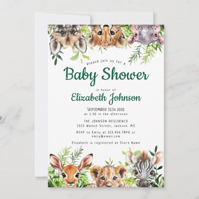 Invitation Cute Aquarelle Safari Animaux Baby shower (Devant)