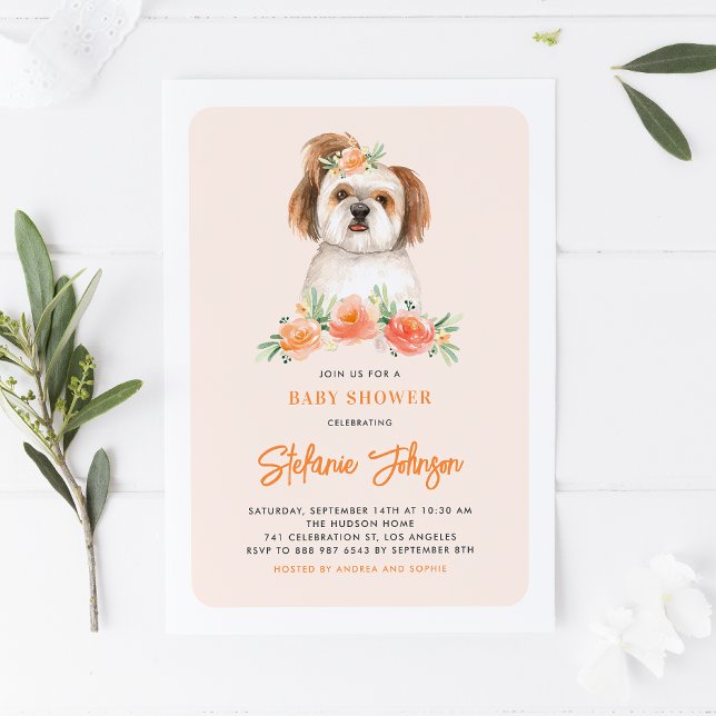 Invitation Cute Aquarelle Shih Tzu Peach Baby shower Floral (Créateur téléchargé)