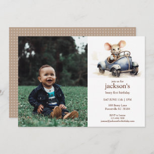 Invitation Cute aquarelle souris en bleu voiture 1er annivers