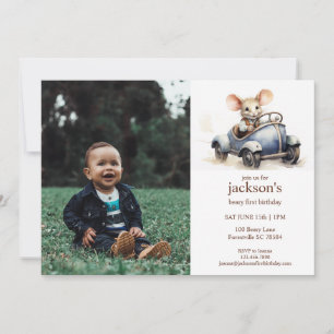Invitation Cute aquarelle souris en bleu voiture 1er annivers