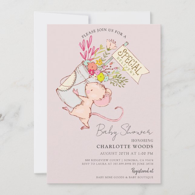 Invitation Cute Aquarelle Souris Fille Baby shower rose (Devant)