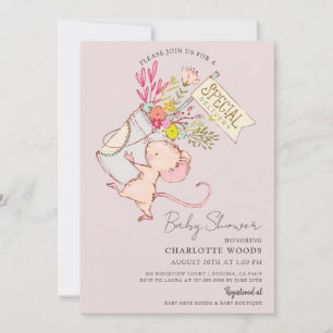 Invitation Cute Aquarelle Souris Fille Baby shower rose