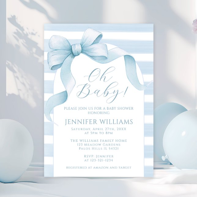Invitation Cute Aquarelle Striped Bow Ribbon Baby Boy Douche (Créateur téléchargé)