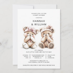 Invitation Cute Aquarelle Twins Teddy Bear Baby shower
