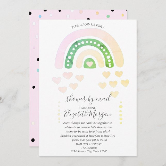 Invitation Cute Arc-En-Ciel, Coeurs, Points, Baby shower Par  (Devant / Derrière)