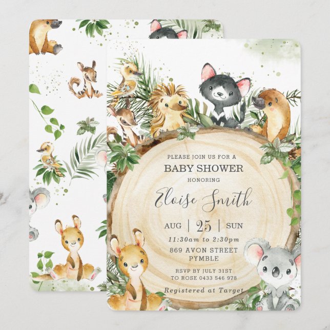 Invitation Cute Australian Animals Baby shower vert bois (Devant / Derrière)