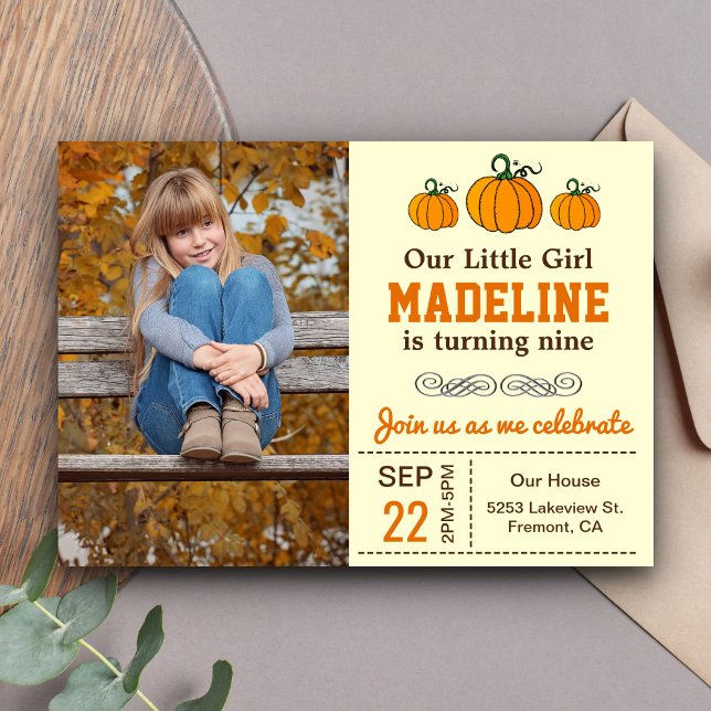Invitation Cute Automne Fille Citrouille Anniversaire Photo I (Créateur téléchargé)