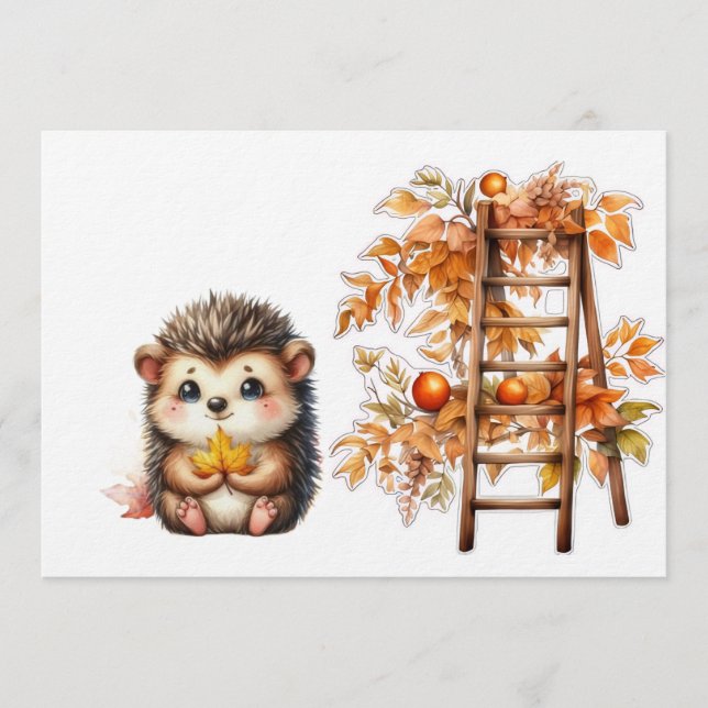 Invitation Cute Autumn Hedgehog with Harvest Ladder Illustrat (Devant)