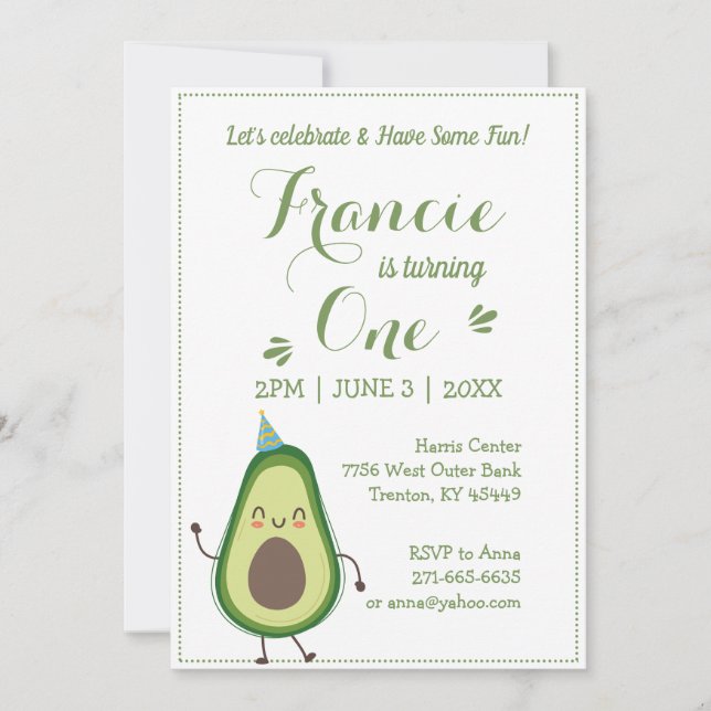 Invitation Cute Avocado Personnaliser 1er anniversaire Blancs (Devant)