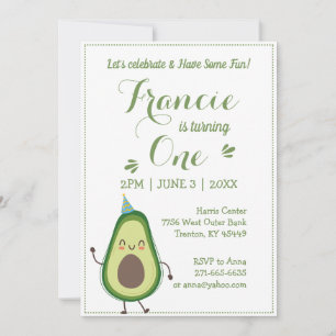 Invitation Cute Avocado Personnaliser 1er anniversaire Blancs