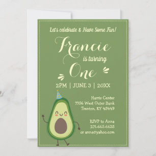Invitation Cute Avocado Personnaliser Coloré 1er anniversaire