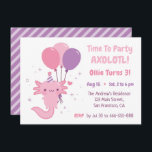Invitation Cute Axolotl and Balloons Girls Birthday Party<br><div class="desc">A cute axolotl with a party hat is holding on to balloons. Time to Party Axolotl ! An adorable axolotl design theme birthday party invitation in a girly color palette of pink and purple. Perfect for girls birthday party ! Personalize easily with your party Details.</div>