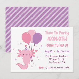 Invitation Cute Axolotl and Balloons Girls Birthday Party