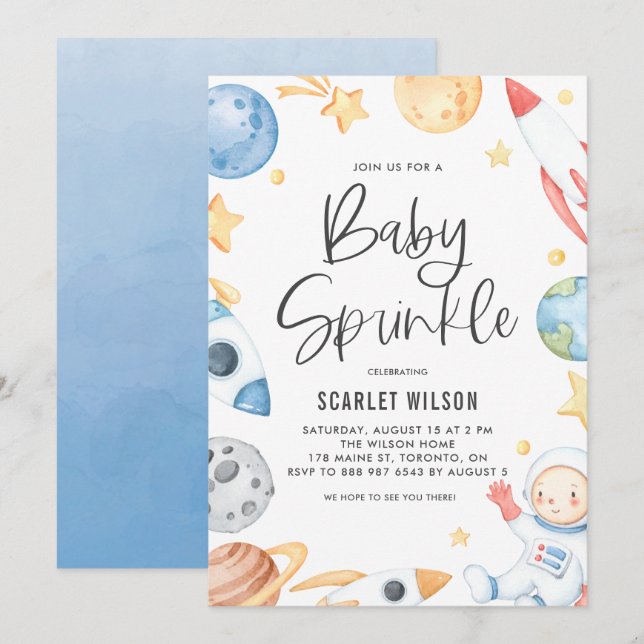 Invitation Cute Baby Astronaut Espace Thème Baby Sprinky (Devant / Derrière)