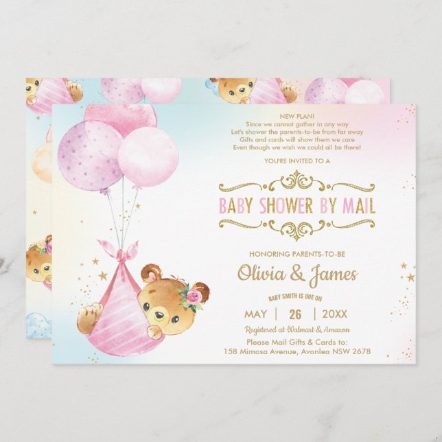 Invitation Cute Baby Bear Girl Baby shower virtuel par courri (Devant / Derrière)