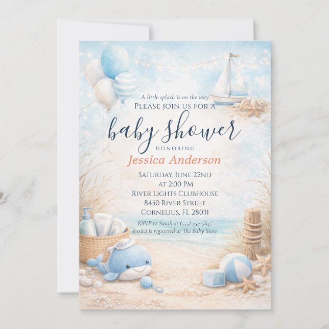 Invitation Cute Baby Blue Coastal Nautical Whale Baby Shower (Devant)
