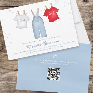 Invitation Cute Baby Boy Whimsical Denim Blue QR Code