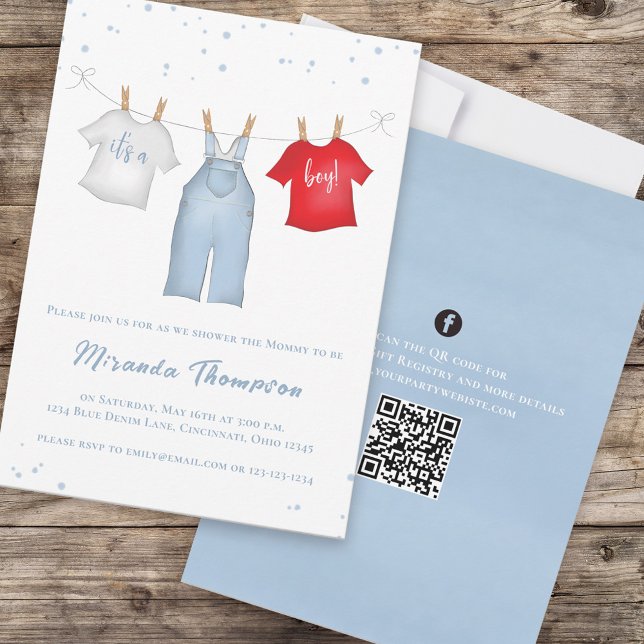 Invitation Cute Baby Boy Whimsical Denim Blue QR Code (Créateur téléchargé)