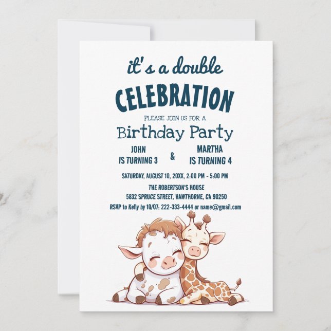 Invitation Cute Baby Cow and Giraffe Double Anniversaire (Devant)