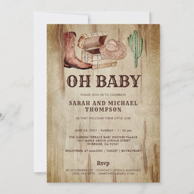 Invitation Cute Baby Cowboy Hat Shoes Cactus (Devant)