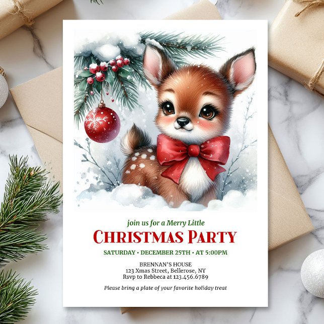 Invitation Cute baby deer watercolor Christmas kids invite  (Cute baby deer watercolor Christmas kids invite digital download)