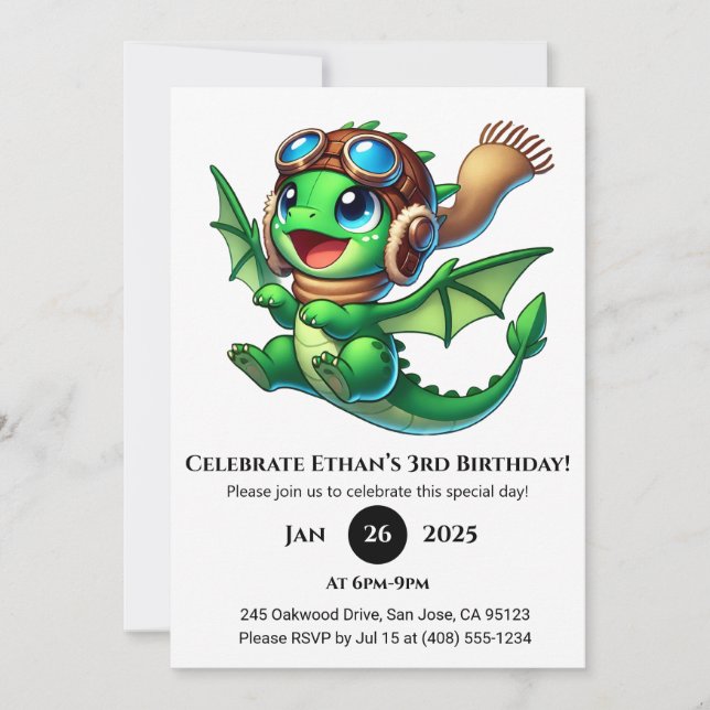 Invitation Cute Baby Dragon Birthday (Devant)