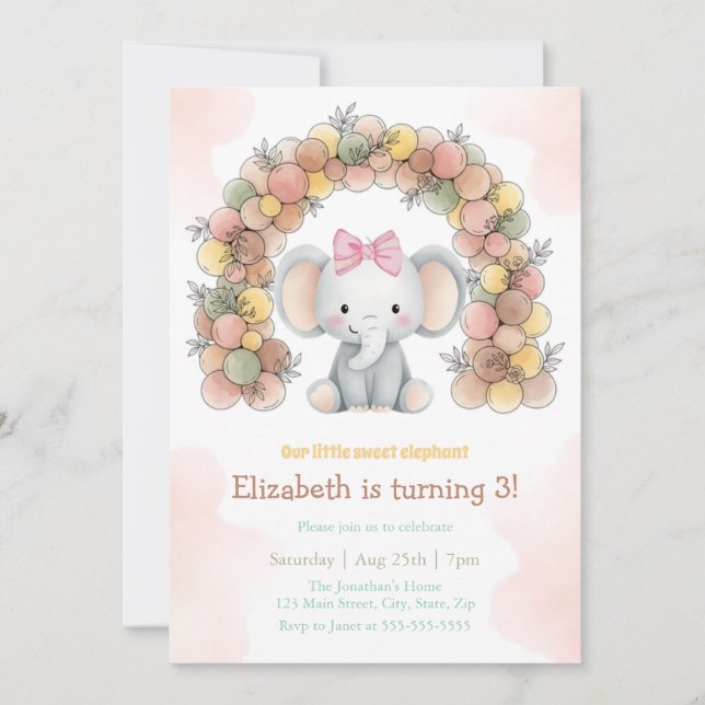 Invitation Cute Baby Elephant Balloon Arch Birthday  (Devant)