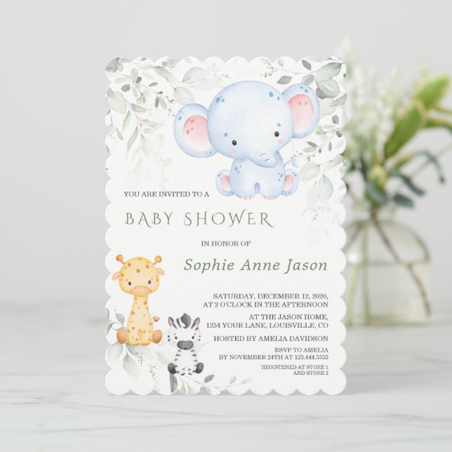 Invitation Cute Baby Elephant et amis Baby shower Safari (Debout devant)