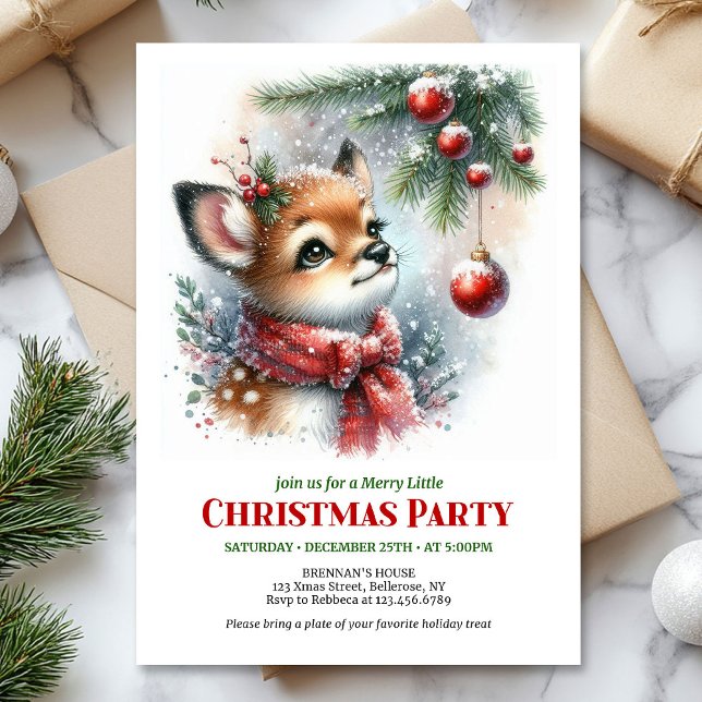 Invitation Cute baby fawn wintery scene watercolor editable  (Cute baby fawn wintery scene watercolor editable invites)